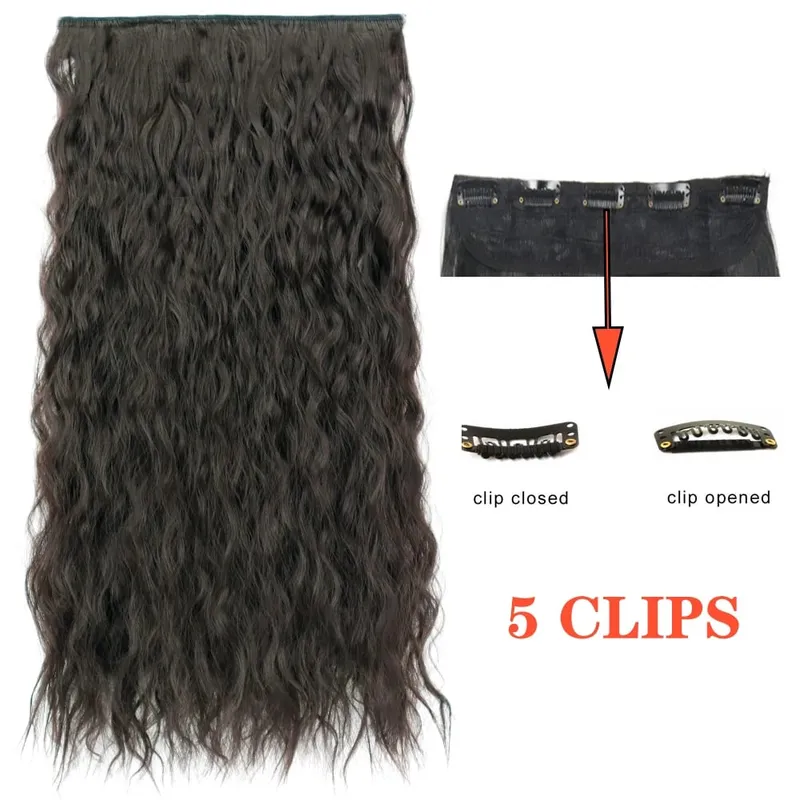 Synthetic Long Wave 5 Clips Hair Extensions Clips in High Temperature Fiber Black Brown Hairpiece