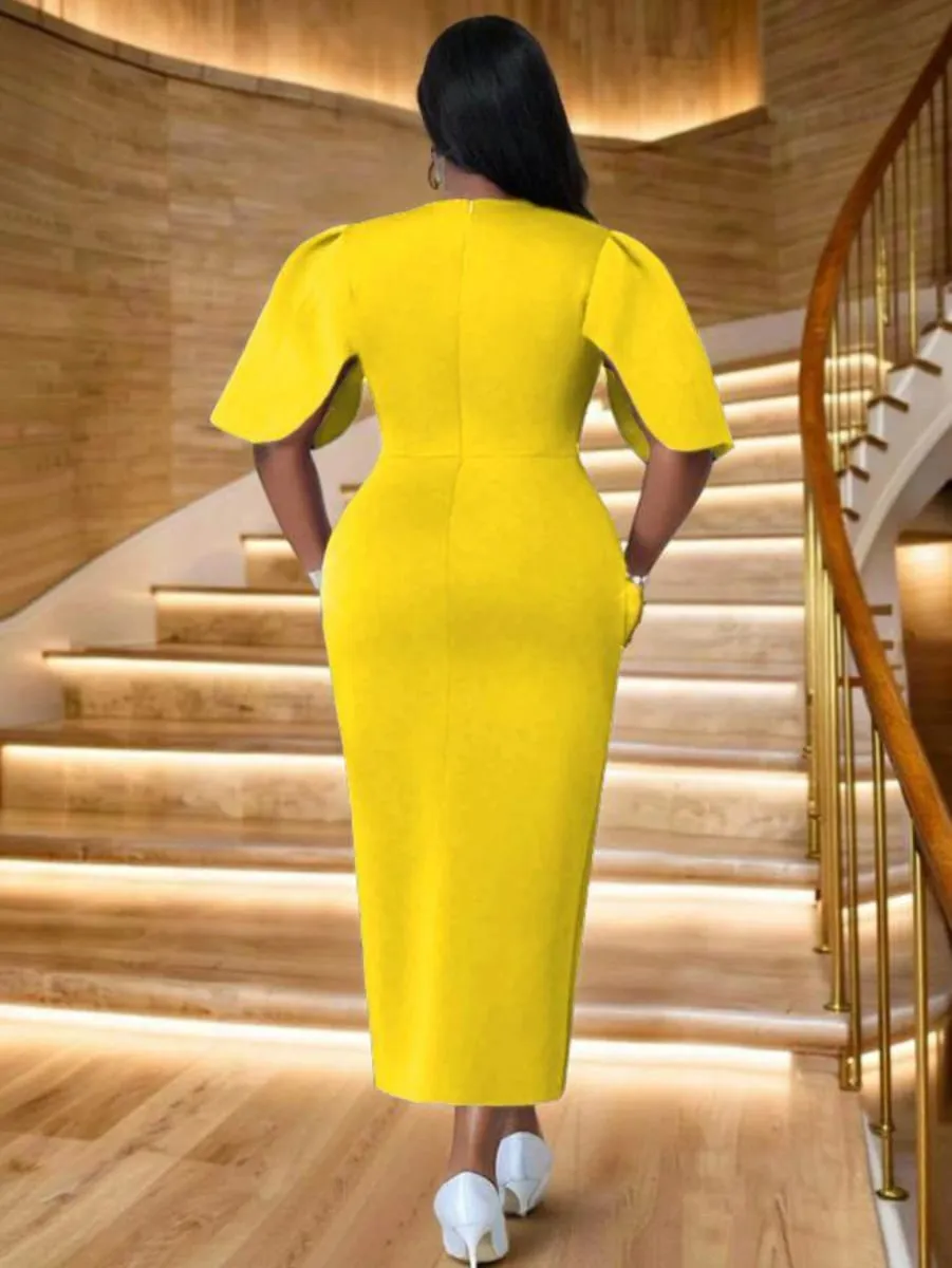 Women's Round Neck Flutter Sleeve Diagonal Decor Split Midi Bodycon Dress Big Size For Formal Dinner Wedding Guest Evening Party Fashion Occasions