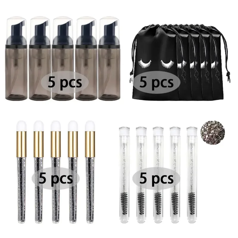 60ml Refillable Empty Plastic Pump Bottle Lash Extension Cleaning Kit Long Rod Brush Lash Curler Dust Tube EVA Storage Bag Tools