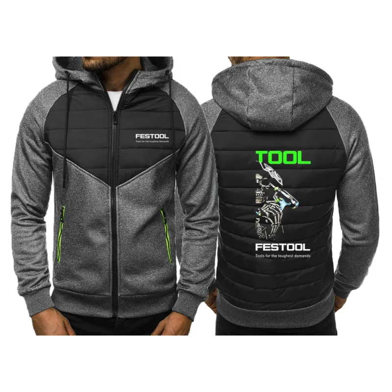 2025 Personality Patchwork Huvtröjor Vår Och Höst Dragkedja Huvkappa Herr Festool Verktyg Grafik Logotyptryck Slim Jacka