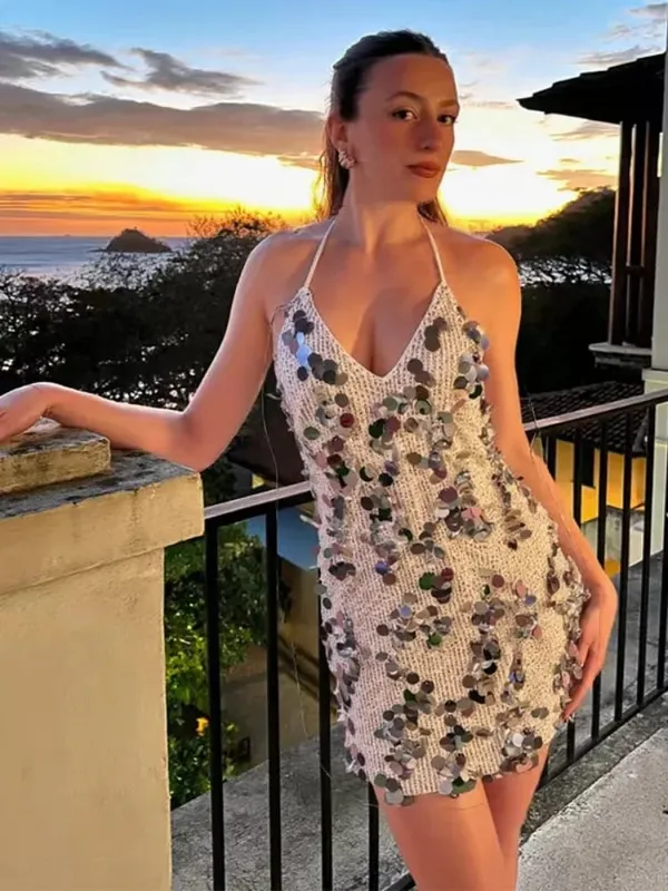 Mini abito da donna con paillettes tinta unita con scollo all'americana scollo a V profondo aderente senza maniche abiti scintillanti abiti da cocktail per feste da club formali Nuovo