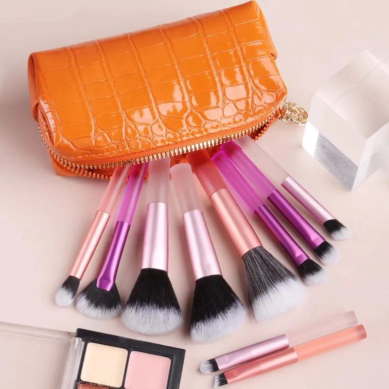 10Pcs Full Face Makeup Brush Kit Crocodile Grain Zipper Bag Powder Contour Shadow Brow Eyelash Cosmetic Brushes