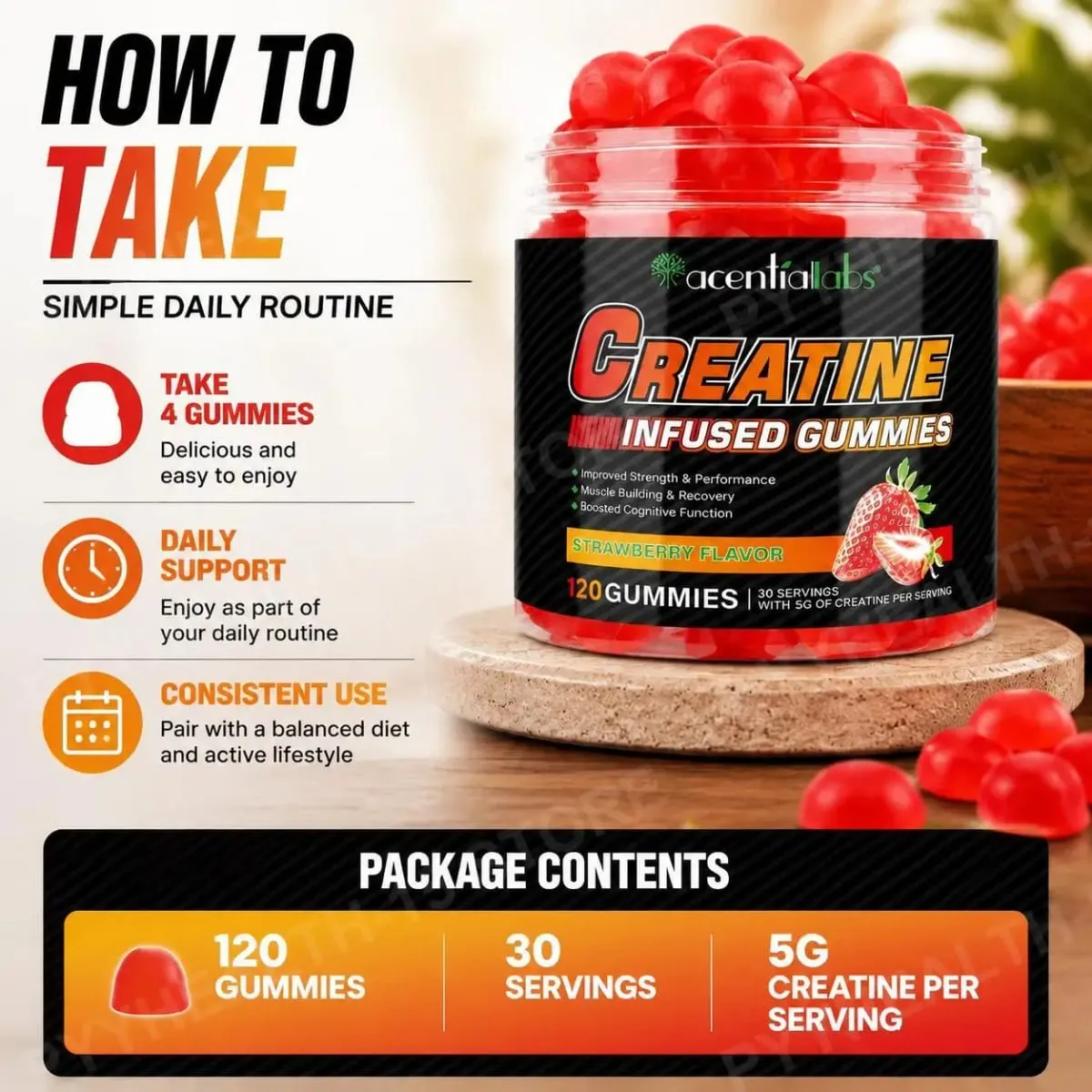 Acentilabs Creatine Monohydrate Gummies for Strength and Performance Muscle Building and Recovery Strawberry 120 Gummies — image 6