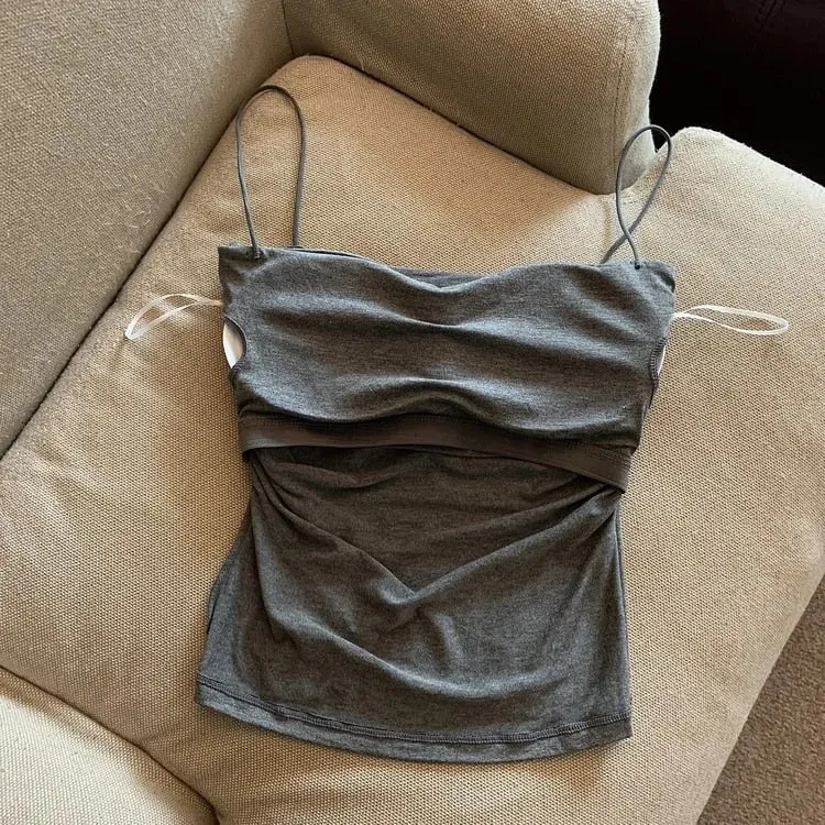 Y2K Streetwear Women Spaghetti Strap Crop Top With Bra Bodycon Sleeveless Cami Tube Top Basic Camisole Tees Korean Women Clothes