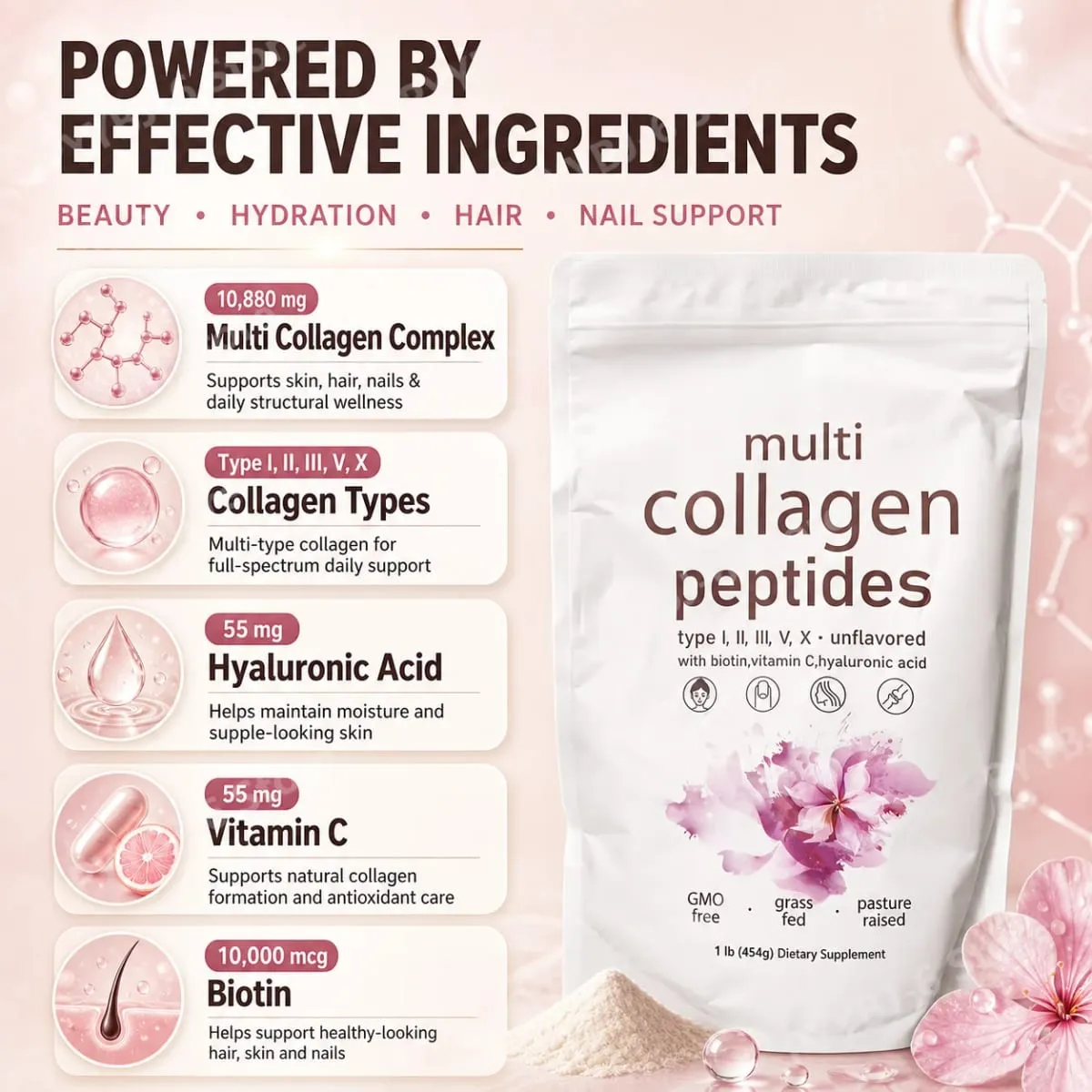 Poudre de Peptides multi-collagènes, 454g, mélange de collagène sans saveur, avec vitamine C, biotine, acide hyaluronique, Support pour la peau, les cheveux et les ongles