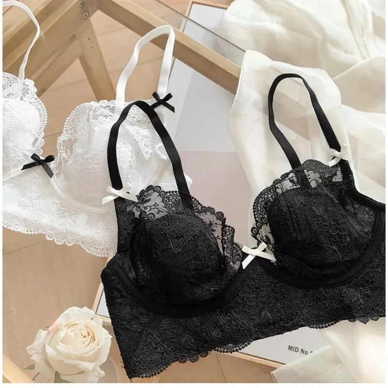 French Lace Lingerie Set Women Wirefree Minimizer Support Summer Ultra Thin Bra Large Chest Petite Look Bunny Ears