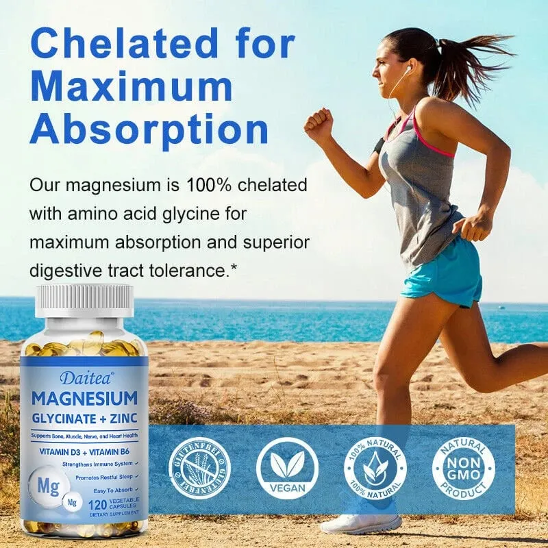 Daitea Magnesium and Zinc Capsules - Magnesium Glycinate Supplement to Support Muscle Nerve Joint and Heart Health