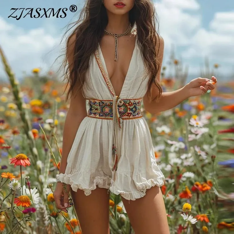 vestidos seksi derin v boyun içi boş parti elbiseler kadın bahar baskılı bandaj fırfır kısa elbise yaz kolsuz tank mini elbise