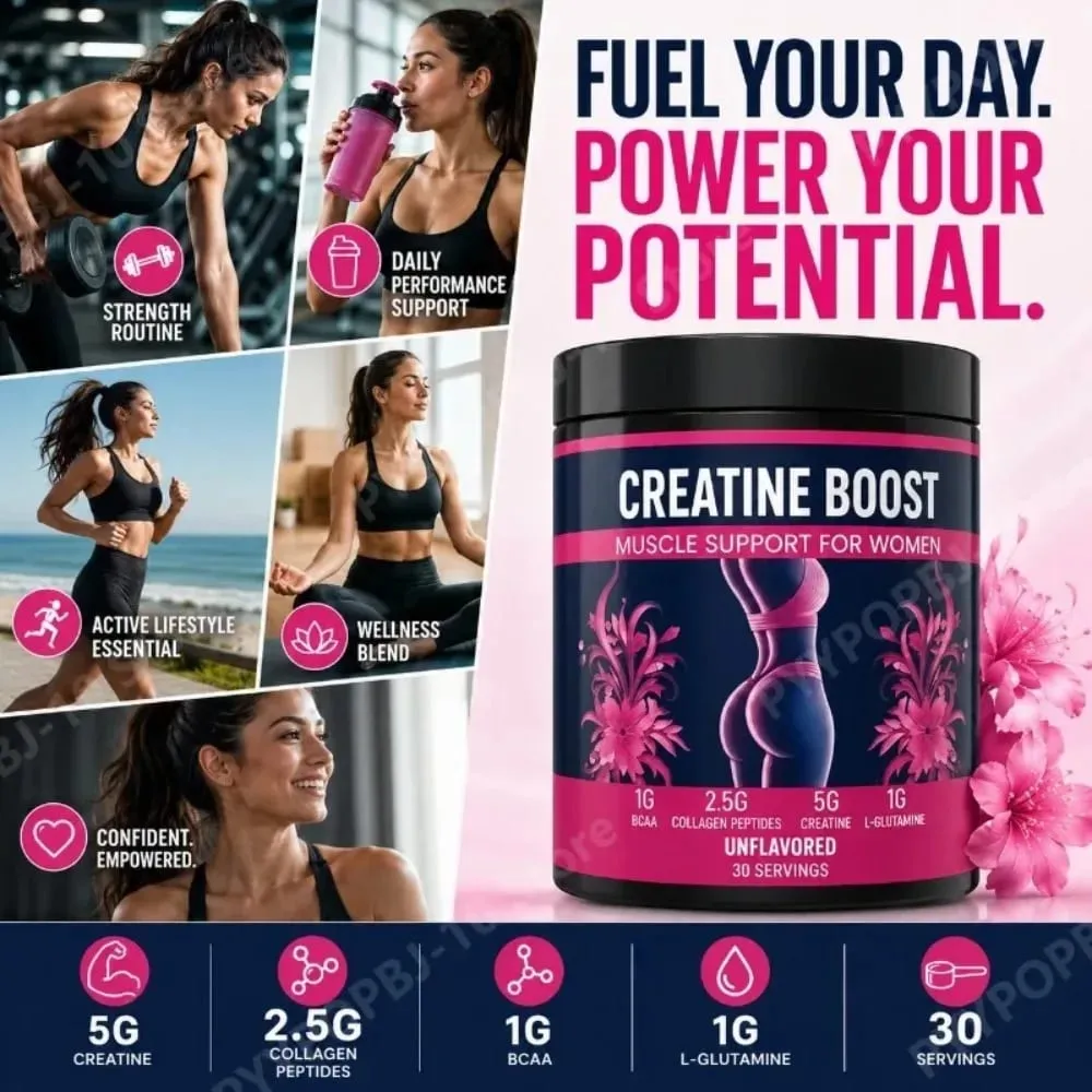 Creatine Monohydrate Powder for Women 5G Collagen Peptides BCAA Glutamine Supports Muscle Recovery & Skin Elasticity 30 Servings
