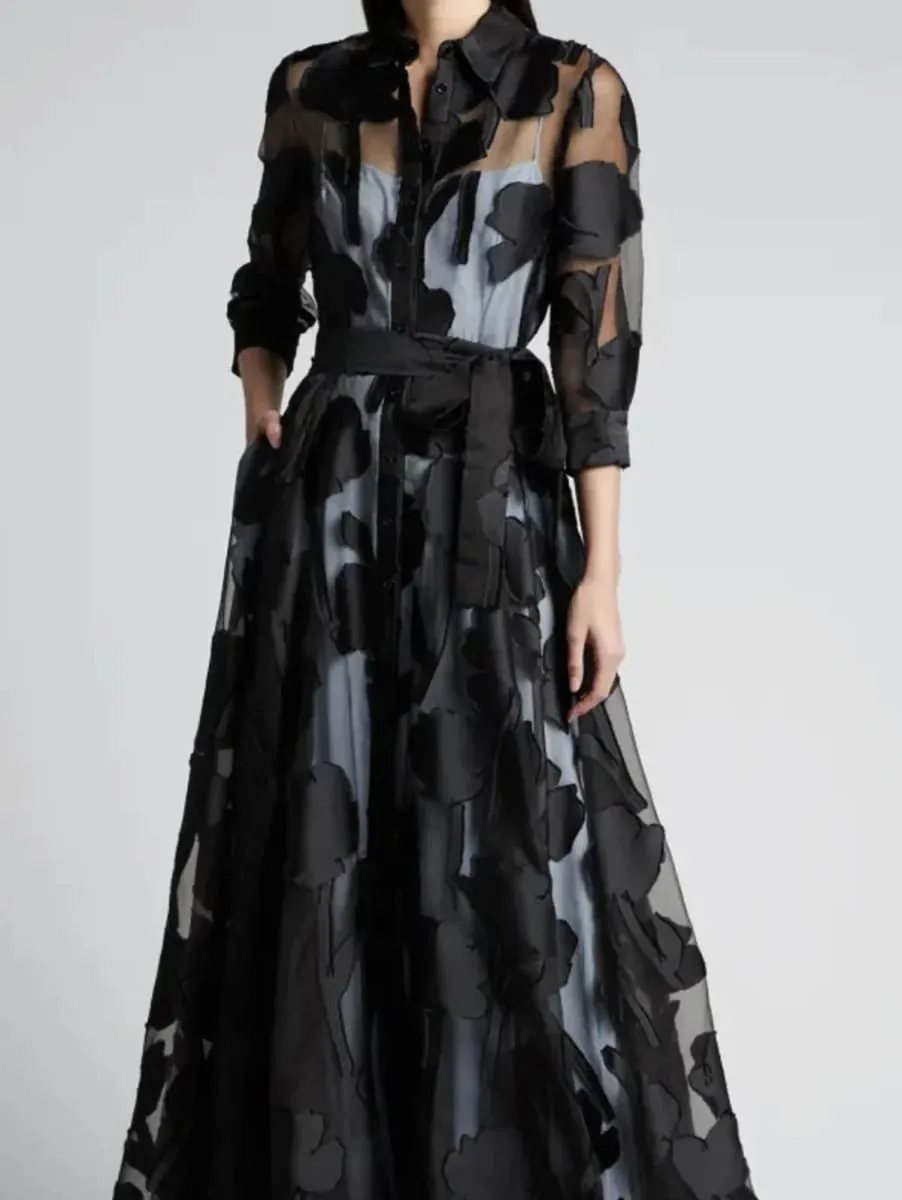 Robe longue en maille Jacquard pour femmes, élégante, manches trois-quarts, taille nouée, sans doublure, transparente, longue, soirée en boîte de nuit