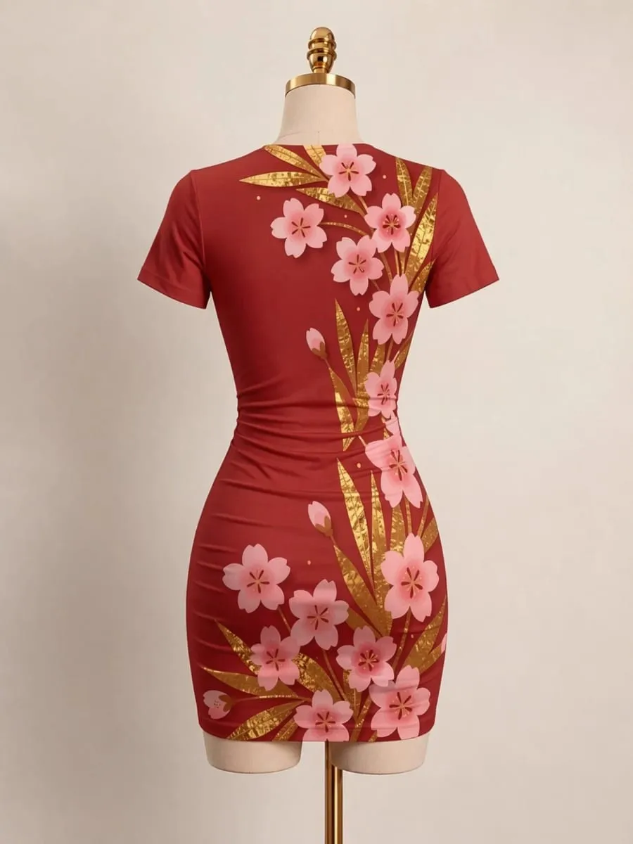 Womens Short Sleeve Bodycon Mini Dress Slim Fit Crew Neck Floral Print Casual Summer Party Cute Sweet Slimming Vacation Sundress