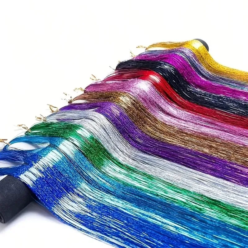 90cm Syntetisk 3st/set Regnbågsfärgat glänsande hår Laser Tinsel Långt rakt Värmebeständigt Fairy Hair Extension Party Dagligen