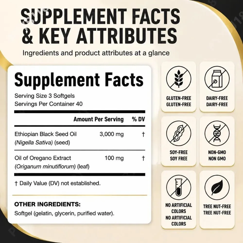 Ethiopian Black Seed Oil 3000mg Softgels with Oil of Oregano Supports Immune Health Digestive Balance & Daily Vitality 120 Count