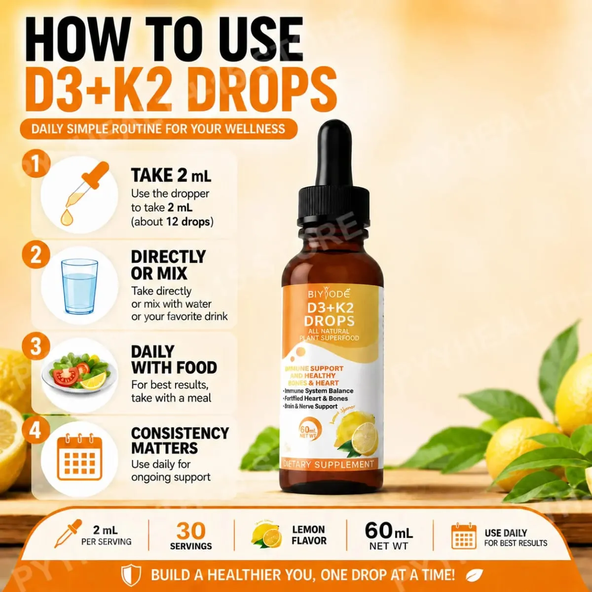 Vitamin D3 K2 Liquid Drops Calcium Absorption and Bone Support 1000 IU D3 with K2 Lemon Flavor 60 ml 30 Servings — image 6