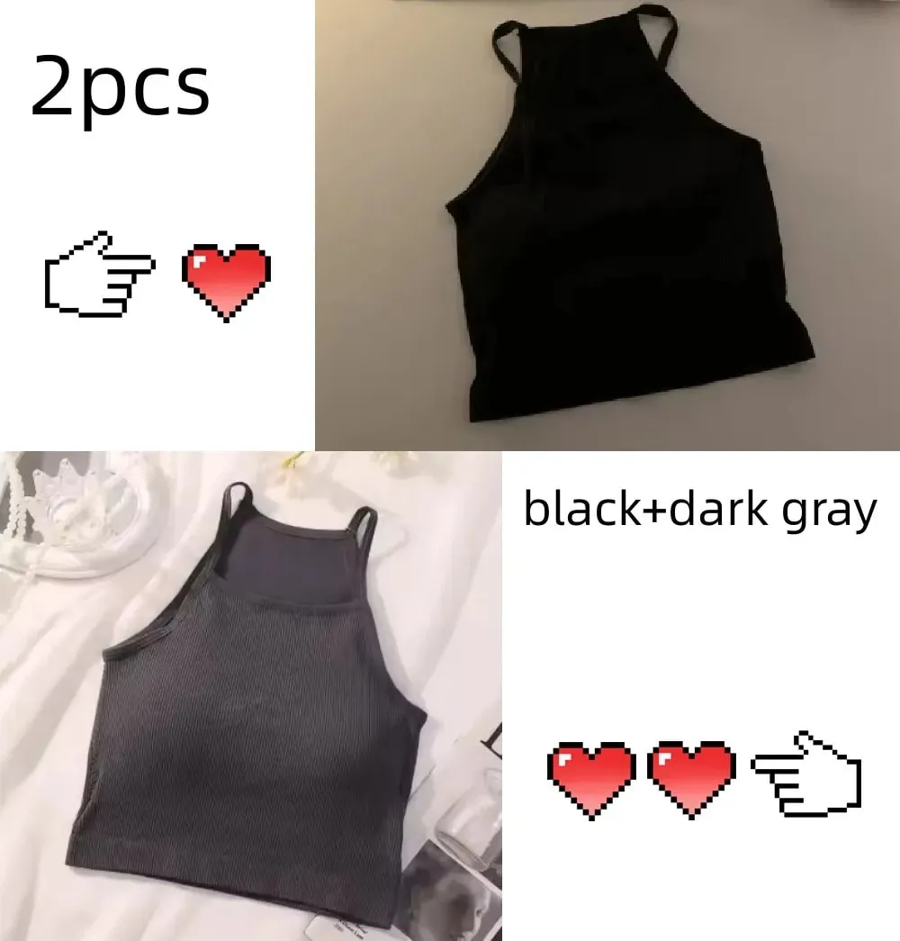 Korean Version Women Tank Tops Thread Solid Casual Fashion Crop Top with Chest Pad Stripe Sleeveless Outer Wear Basic Camisole