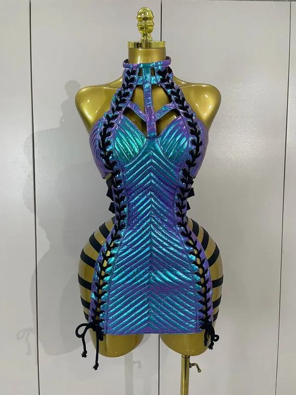 Sexy Black Leather Hollow Out Gothic Bandage Halter Short Dress Women Gogo Dance Singer Nightclub Bar Performance Stage Wear — image 7