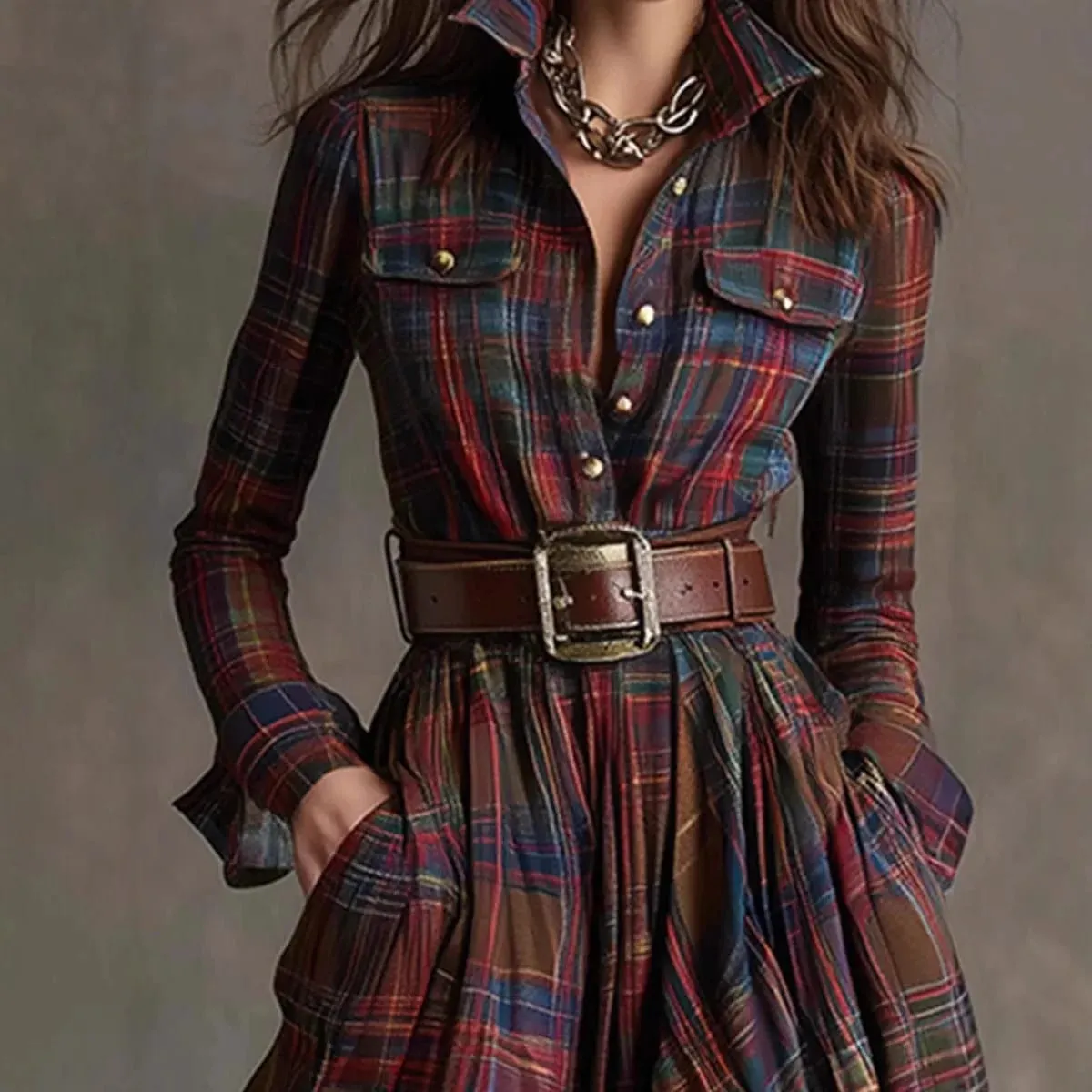 European American Women's Shirt Maxi Dress Autumn Casual Long Sleeve Button Pocket Plaid Print Lapel Retro Long Dress Vestidos