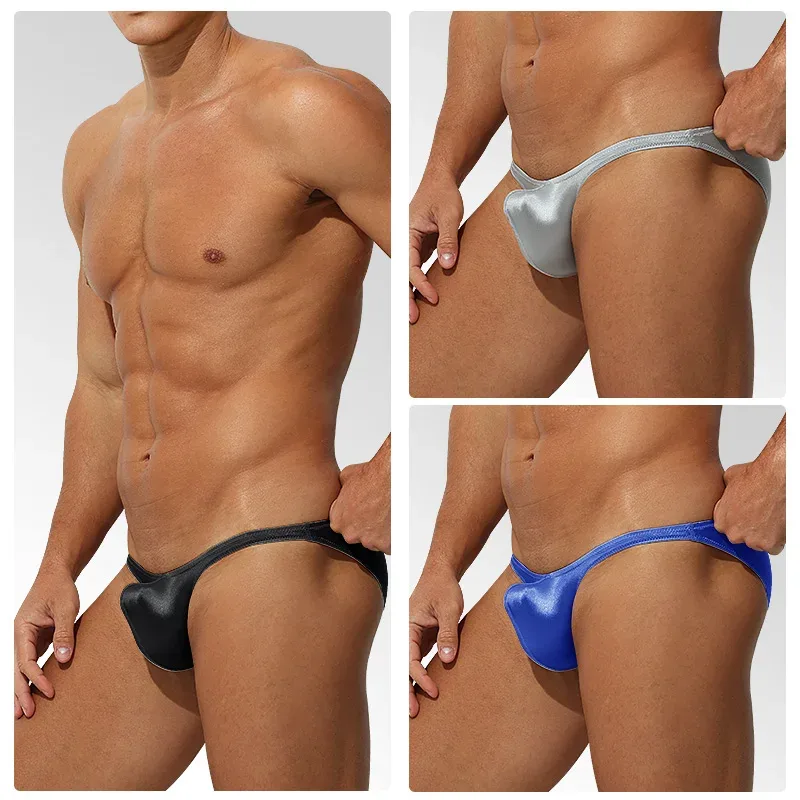 Cintura baixa gelo seda cetim roupa interior masculina apertado ajuste esporte stylejj impulsionando luxo sensual briefs juventude náilon elastano