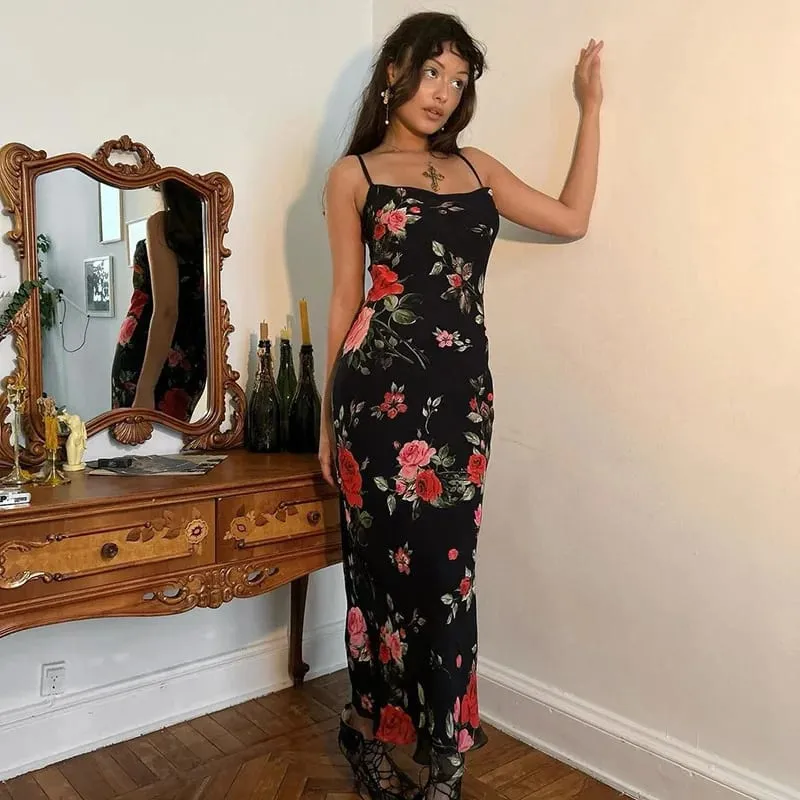 Flores imprimir vestidos de cinta de espaguete feminino temperamento pacote hip bodycon vestido longo moda sexy sem costas senhora magro vestidos