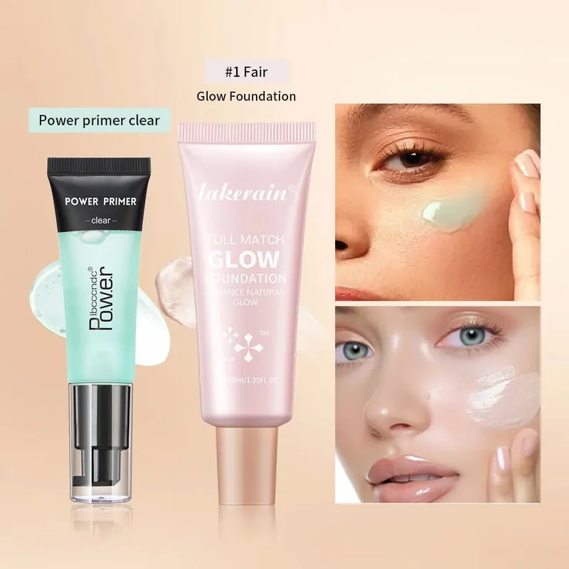 Powder Grip Primer Gel & Glow Foundation Makeup Kit Hydrating Smoothing Skin Lightweight Brighthen Shiny Fase Cosmetics Combo