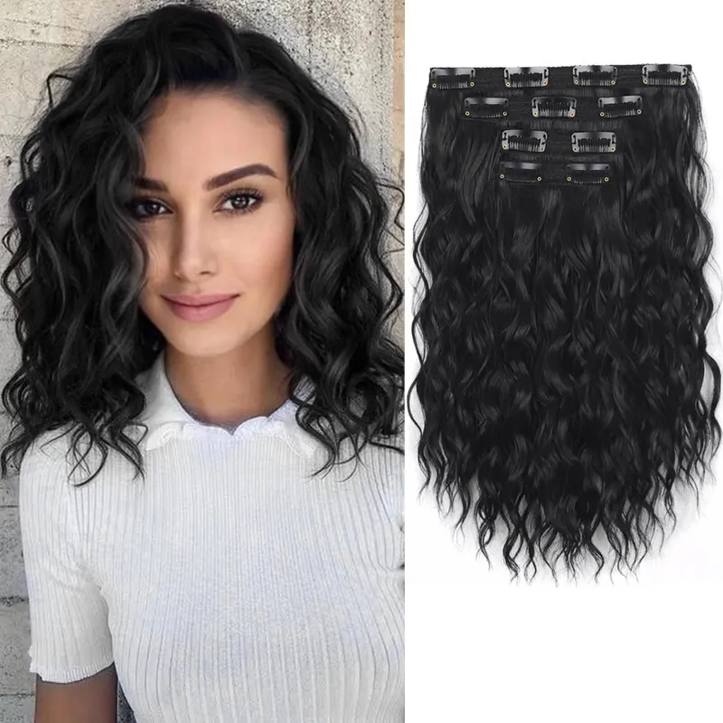 4PCS Synthetic Hair Extensions 14inch Short Curly Wavy Brown Blonde Invisible Lace Weft Natural Soft Hairpieces for Women — image 10