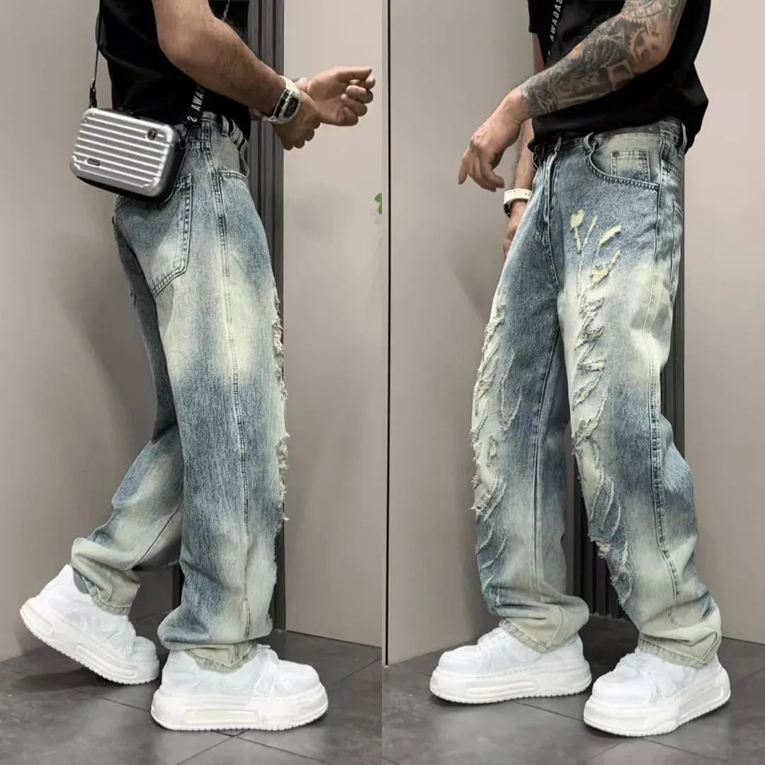 Men's Jeans Man Pants Classic Straight Fit Faded Ripped Jeans Denim Trouser Casual Loose Slim Stylish Street Retro Blue — image 2