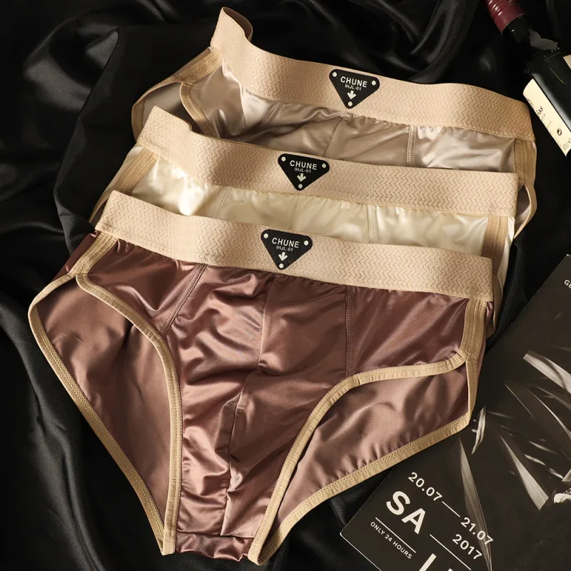3PCS/Pack Luxury Satin-like Men's Briefs Ice Silk Hygroscopic Breathable Mesh Crotch Panties Soft High Elastic Man Underwear