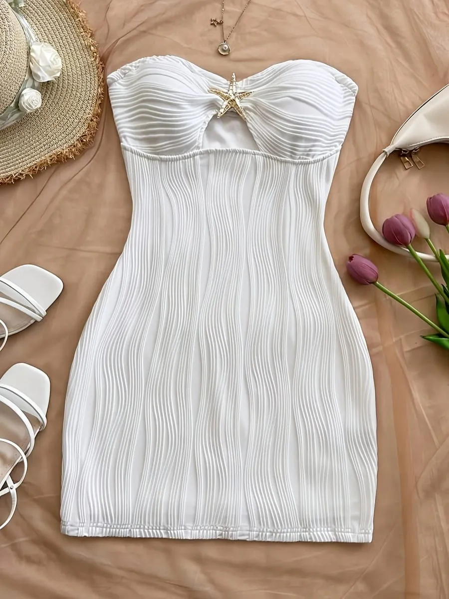 Women's Summer Sexy Party Date Beach Dress Texture Hollow out Mini Skirt with Metal Starfish Decoration Fitted And Attractive Wh — image 4