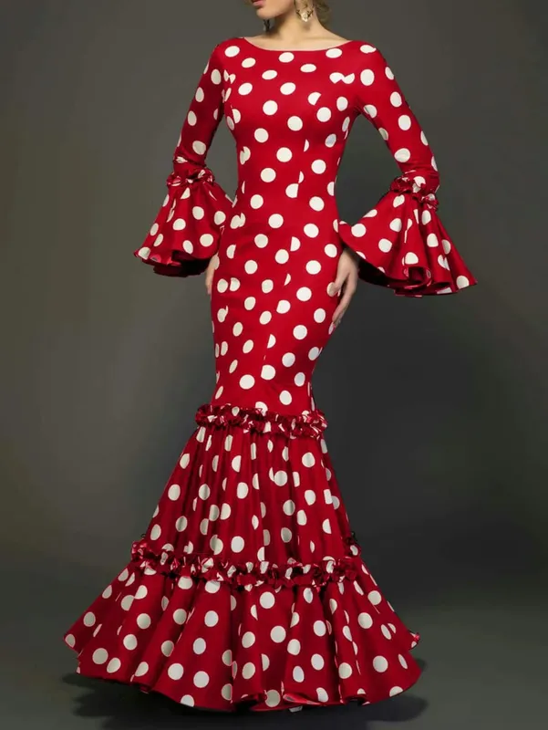 Elegant Party Long Dress Women Polka Dot Printed Ruffle Hem Sundress 2026 Bohemian Casual O-neck Flare Sleeve Slim Maxi Robe