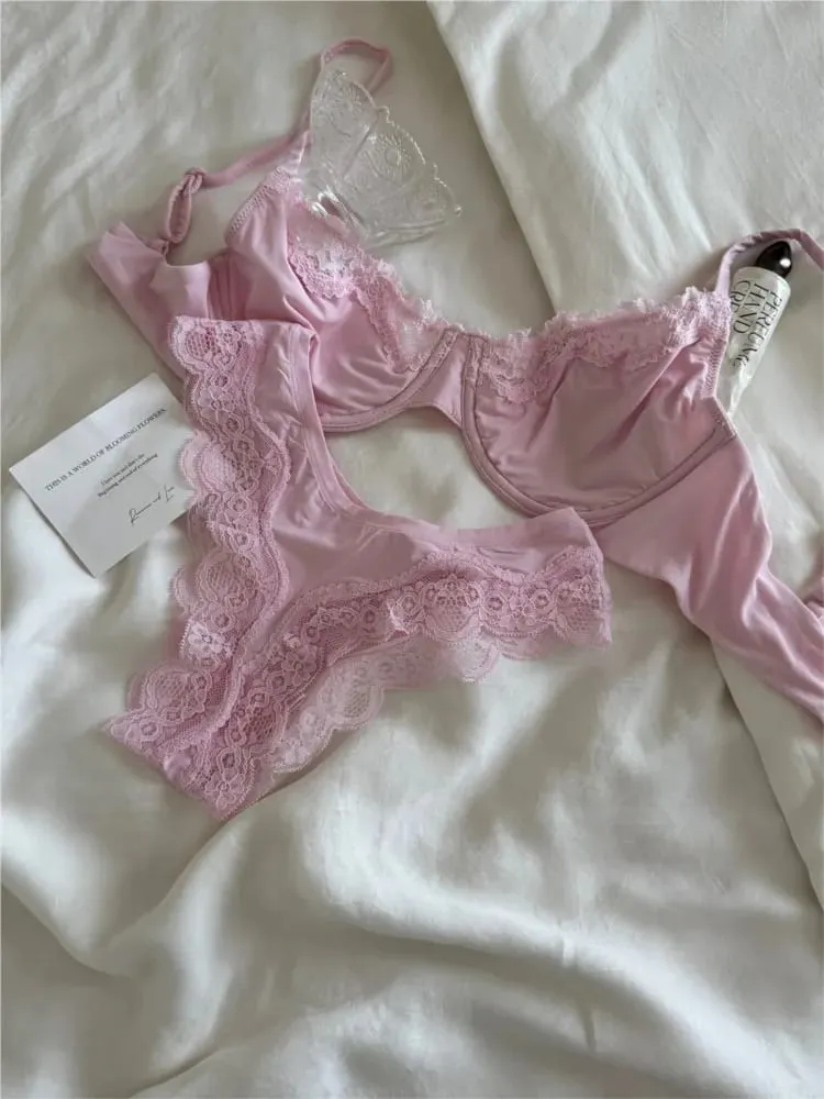 Rosa sem forro conjunto de sutiã de copo completo underwire renda guarnição elevador confortável minimalista sem costura sutiãs e calcinha todos os dias