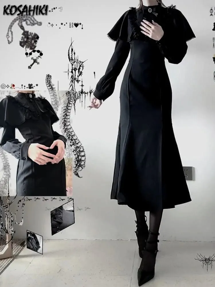 Streetwear Black Vintage Lace Patchwork Dresses Grunge Y2k Aesthetic Pleated Vestidos Gothic Harajuku Woman Bodycon Bow Dress