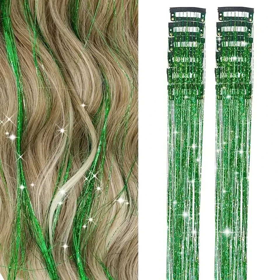 12Pcs/Pack Sparkle Blonde Hair Extensions Clip In Rainbow Shiny Sparkle Hair Tinsel Heat Resistant Sparkle Hair Extensions For W