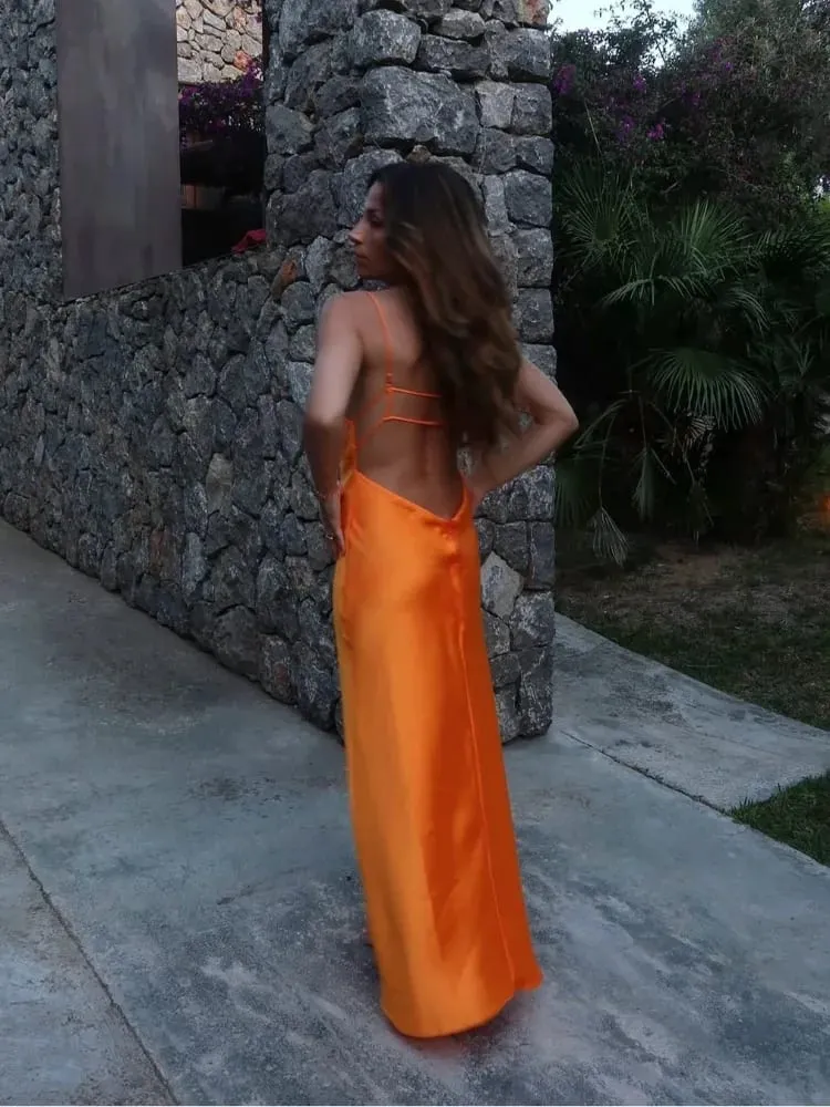 Frauen Orange Satin Sling Langes Kleid Fashion Solid Backless Ärmel V-ausschnitt Plissee Kleider 2026 Dame Abend Party Roben Sommer