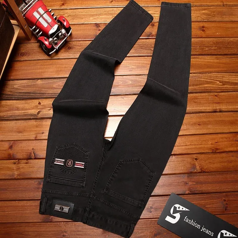 2025 new fashionable light luxury jeans for men trendy 3D printed design slim fit small feet elastic denim pants