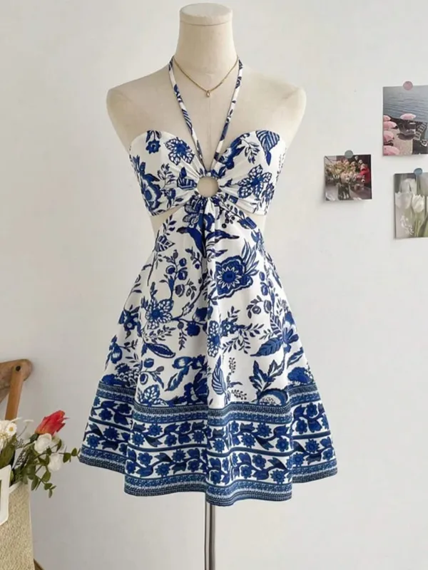 Women's Romantical Floral Print Halter Neck Sexy Fashionable Dress Easy to Create Lazy Stylish Vacation Style Dress