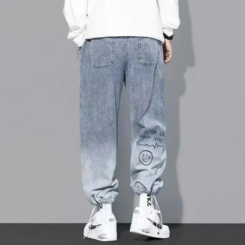 Korean Clothing Men Letter Printed Jeans High Waisted Baggy Jeans Cartoon Graffiti Hip-Hop Pants Blue Jeans