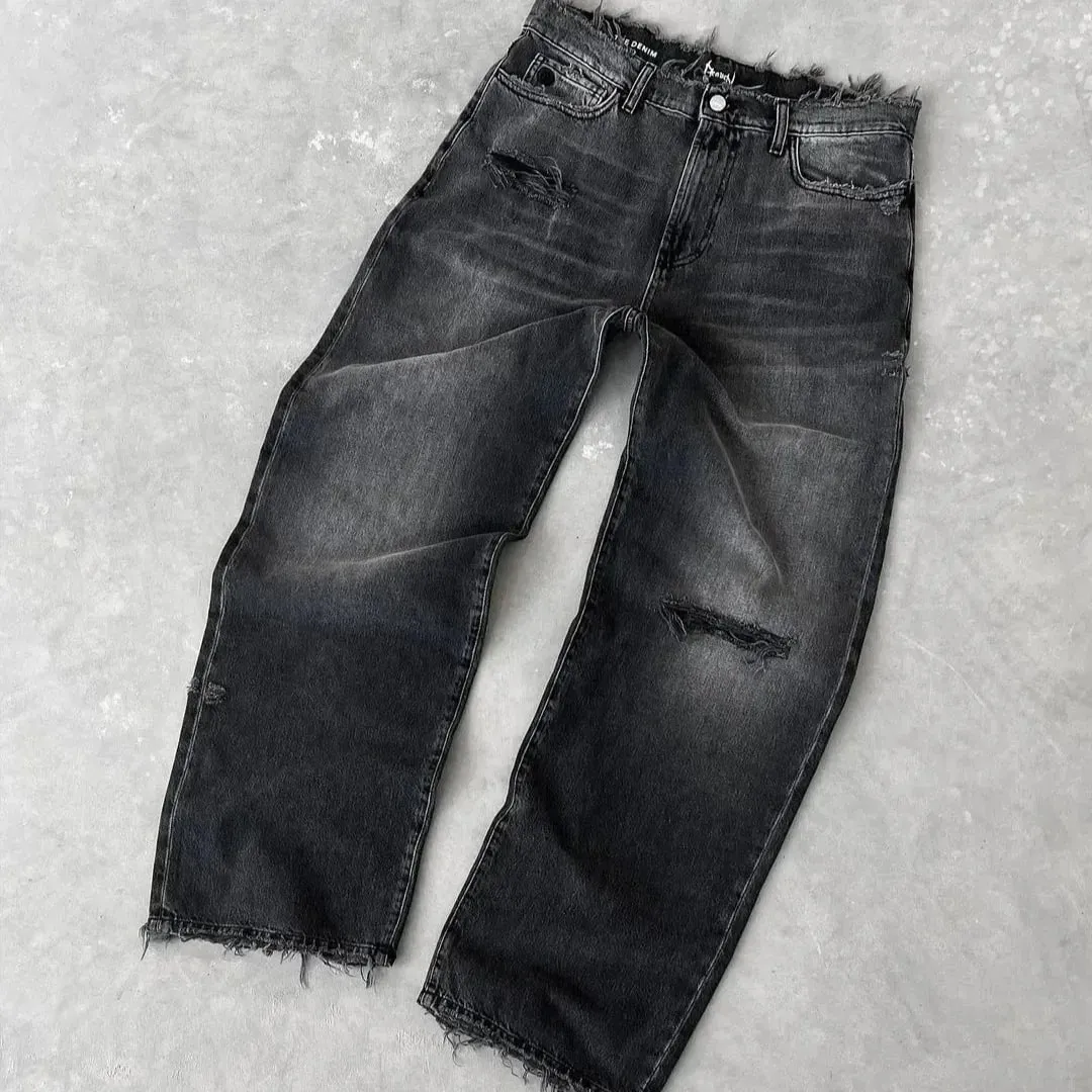 Straight Jeans Distressed Men Jean Ripped Holes Washed Denim Pants Ankle Length Loose Solid Zipper Fly Pockets Casual 2026