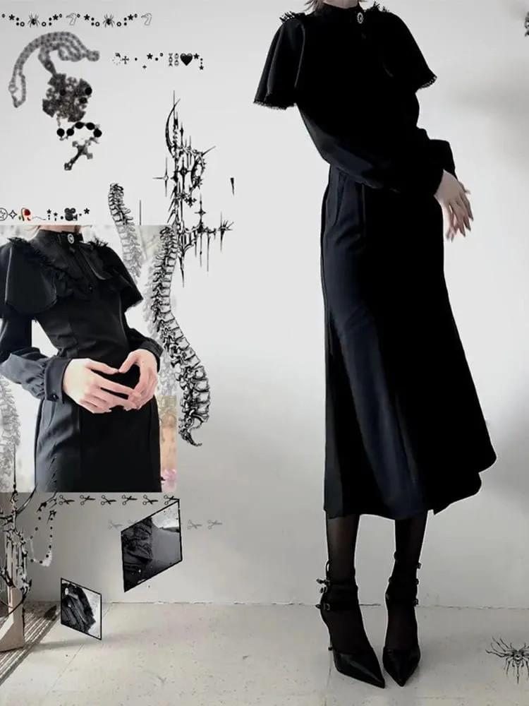 Streetwear Black Vintage Lace Patchwork Dresses Grunge Y2k Aesthetic Pleated Vestidos Gothic Harajuku Woman Bodycon Bow Dress