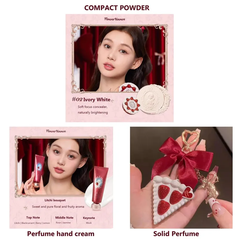 Flower Knows Sets Strawberry Cupid Full Coverage Foundation Powder Compact Powder Solid Perfume Hand Cream Gifts Set for Women — image 6