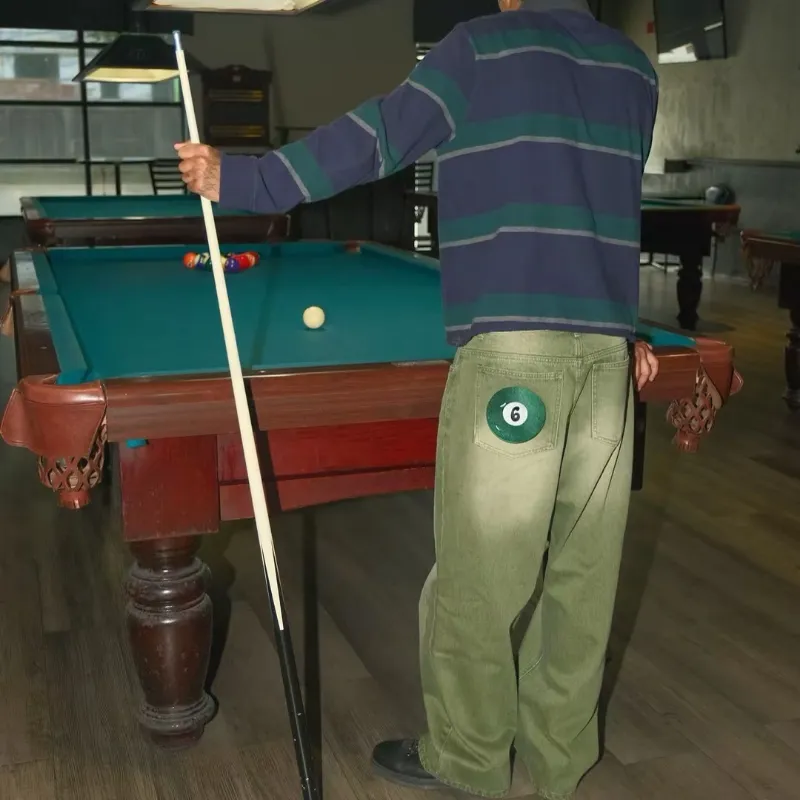 Y2K Retro Matcha Denim Jeans Washed Billiard Embroidered Denim Pants London Fashion New York Style Streetwear Unisex Baggy Jeans — image 3