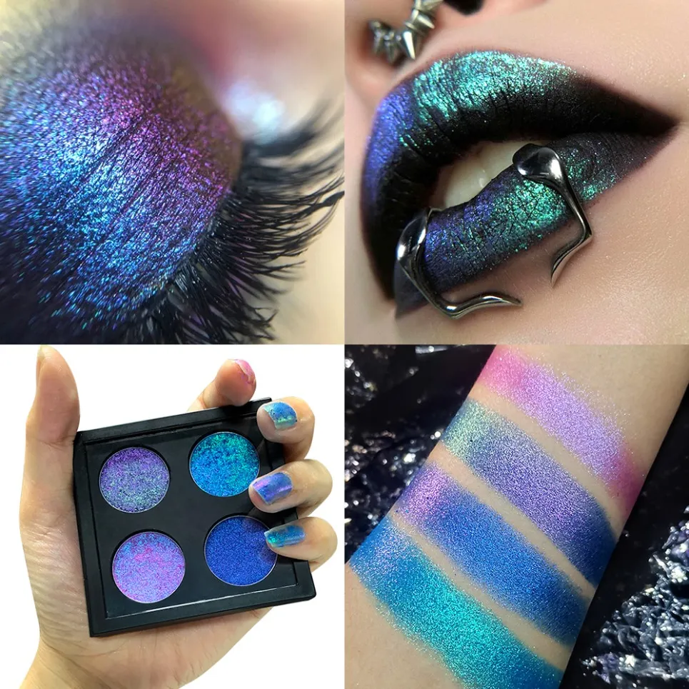 Paleta de sombras camaleão vegano de 4 cores, maquiagem de marca própria, atacado, logotipo personalizado, sombra de olhos com mudança de cor
