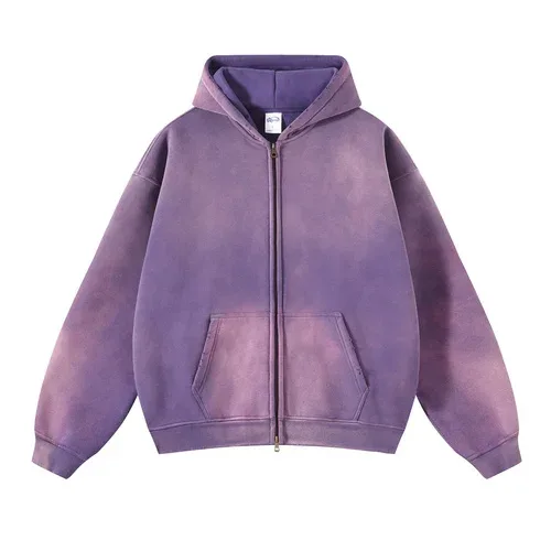 Zip Up hoodies herr Tie Dye Washed Double Oversize Cardigan Sweatshirt Lös Plush Plysch Gradient Man Huvtröjor Vinter