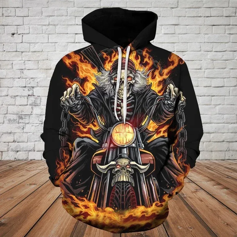 Men Hoodies 3D Print Horror Flaming Skull Graphic Fashion New Style Casual Pullover Personality Oversize Men Clothing Tops