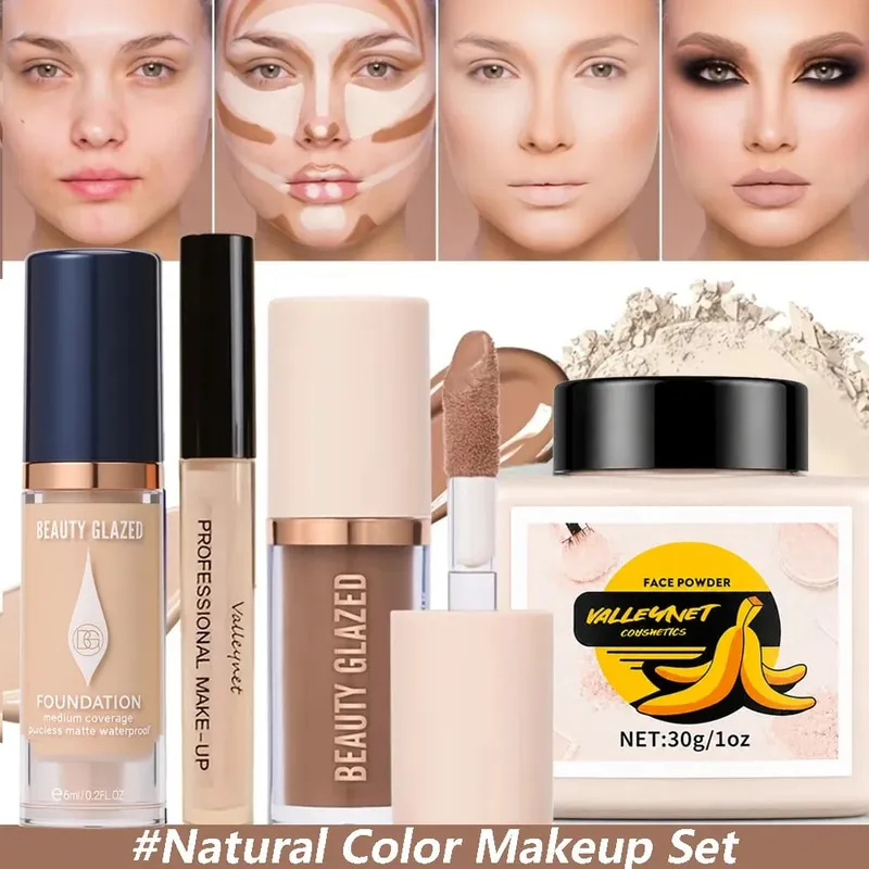 4pcs Face Makeup Set:High-Coverage Concealer Lightweight Foundation 3D Contouring Cream And Oil-Controlling Setting Powder