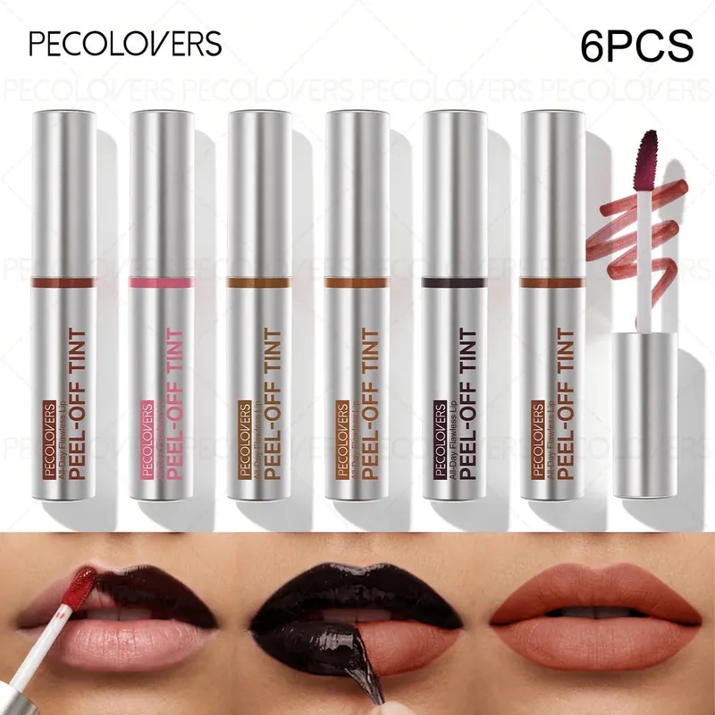 6pcs Peel Off Lip Stain Tear-Off Liquid Lipstick Long-Lasting Waterproof Non-Stick Cup Matte Finish Fade-Resistant Lip Tint