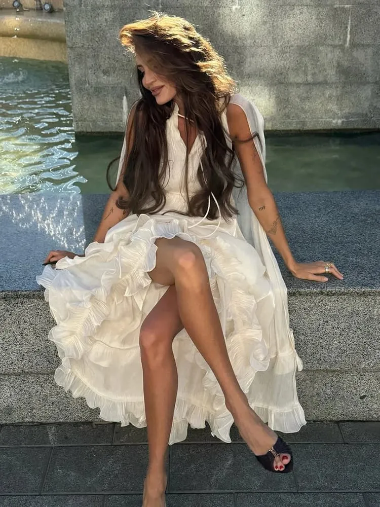 Women Solid Ruffle Maxi Dress Fashion Lapel High Waist V-neck Sleeveless Pleated Chic Dresses 2026 Summer Lady Evening Robes