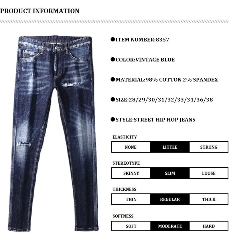 High Street Retro Blue Elastic Split Style Jeans for Men Hip-Hop Designer Embroidery Brand Tight Fit Casual Pants