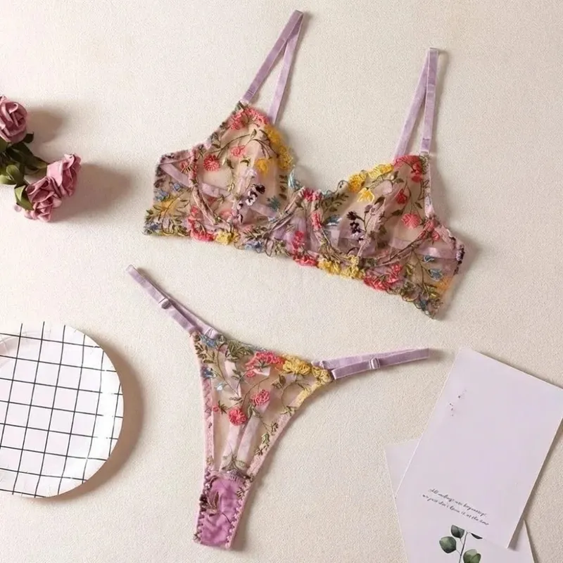 2-Piece Fashion Floral Lingerie Set Embroidery Versatile Underwear Intimates Underwire Push-up Sheer Bra Panty Set For Lady Girl