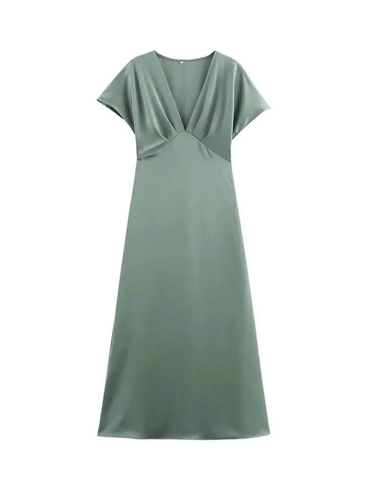 HH Women Elegant Solid Satin Dress Sexy V Neck Short Sleeve Midi Dress 2025 New Fashion Summer Lady Holidays Party Dress