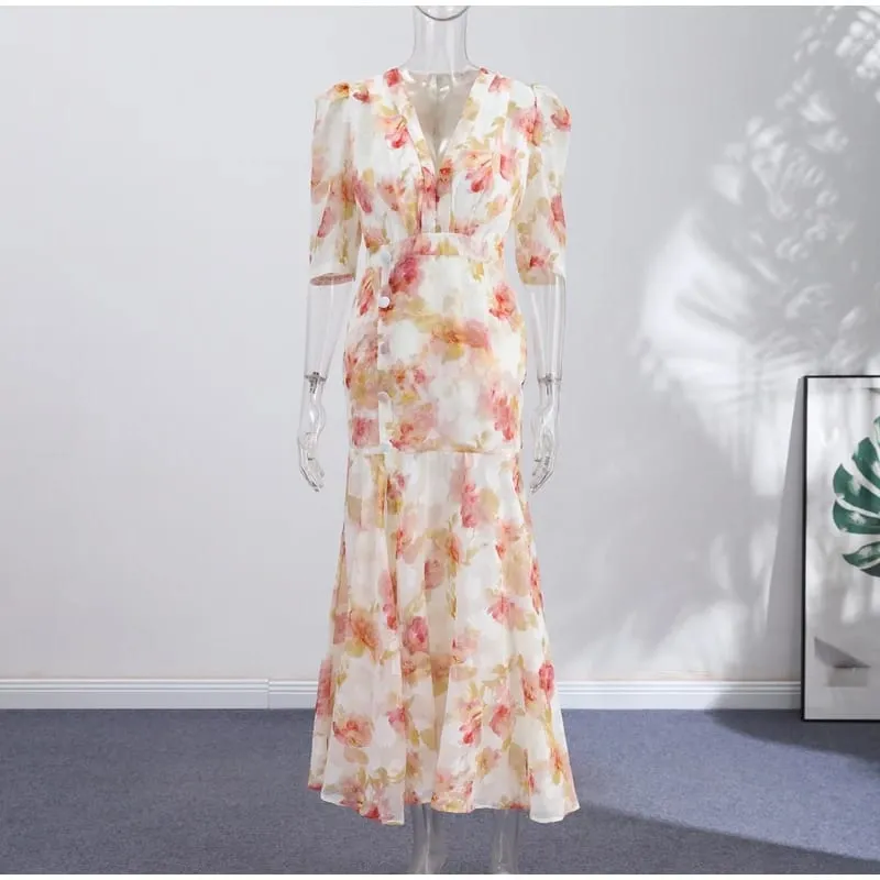 Gaun Panjang Kerah V Motif Wanita Gaun Maxi Slim Fit Pinggang Tinggi Tepi Daun Teratai Lengan Menyala Gaun Pesta Malam Elegan Wanita